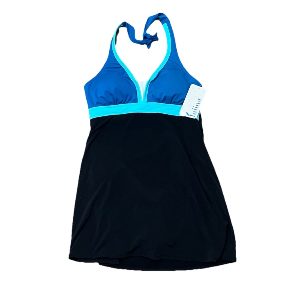 NWT Catalina Swim Dress One Piece Halter Blue Black Tummy Control Swimdress M